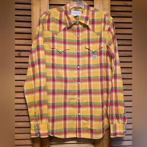 Ralph Lauren Denim Supply Yellow Red Plaid Pearl Snap Western Shirt Top Womens L